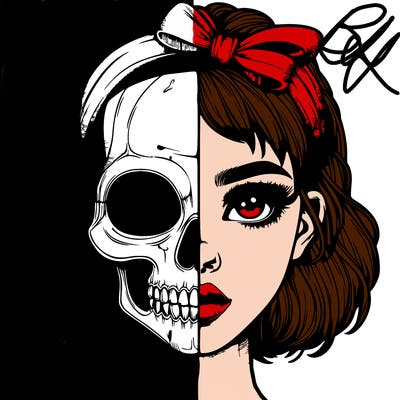 realistic girl with half skull mask