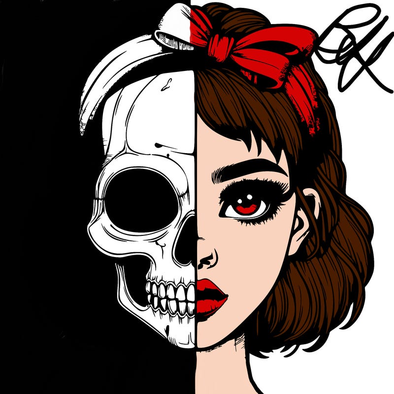 realistic girl with half skull mask