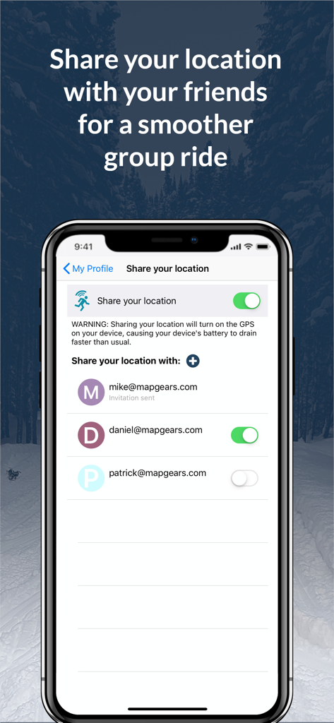 NYSSA Snowmobile Trails - NYSSA app interface for sharing live location with friends during snowmobile rides