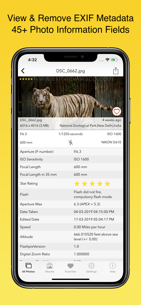 EXIF Viewer by Fluntro - iPhoneのEXIFビューアアプリのスクリーンショット。虎の写真に対するISOやシャッタースピードなどの技術的なメタデータを表示しています