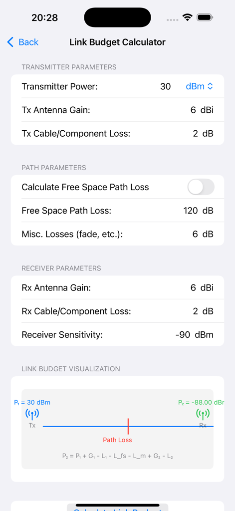 RF & Ham Radio Toolkit - Link Budget Calculator screen in the RF and Ham Radio Toolkit app showing transmitter path and receiver parameters with a visual link budget diagram