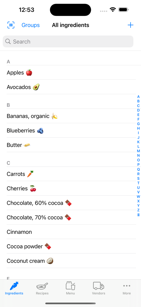 Fillet for Chefs app screen showing an alphabetical list of kitchen ingredients with search and navigation features.