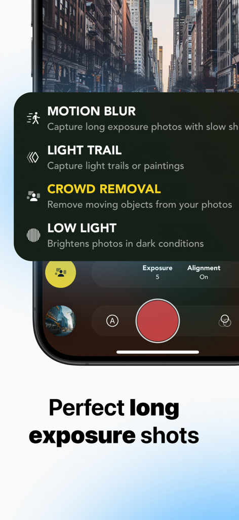 Interfaz de la aplicación Snap Pro Camera mostrando modos de exposición prolongada que incluyen desenfoque de movimiento y estelas de luz.