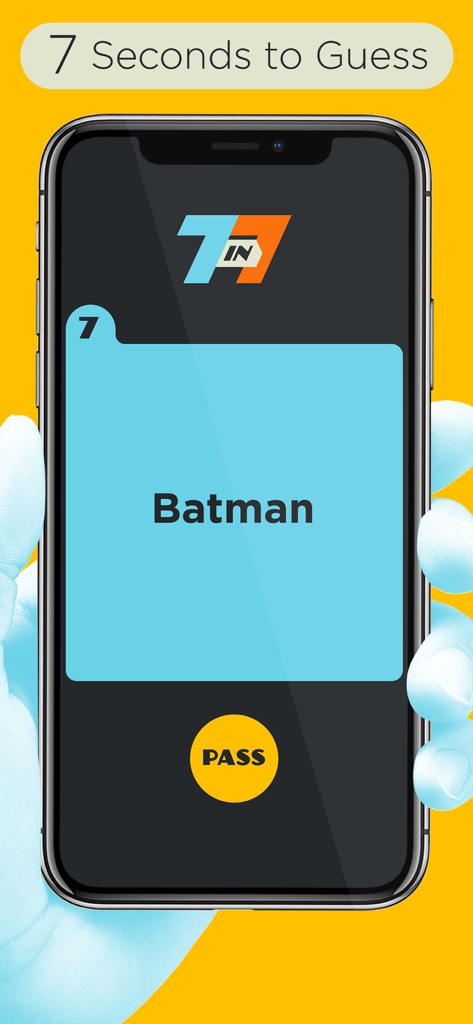 7 in 7: Pop Culture Party Game - Smartphone-Bildschirm mit einer Batman-Hinweiskarte im 7 in 7 Popkultur-Partyspiel