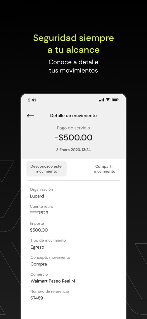 Lucard MX - Detailed view of a financial transaction in the Lucard MX app showing payment to Walmart