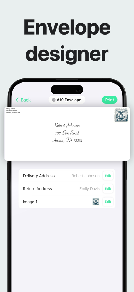 Envelope Printer Labels - Interface do aplicativo Envelope Printer mostrando um designer de envelopes com prévia de endereço e selo