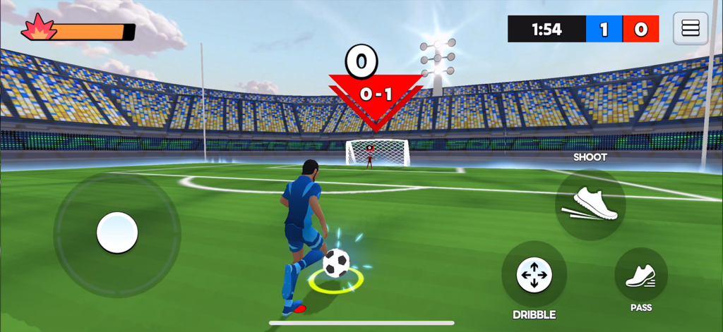 Soccer League - Football Match - 青いキットのサッカー選手が5v5モバイルマッチでゴールに向かってボールをドリブルしている様子