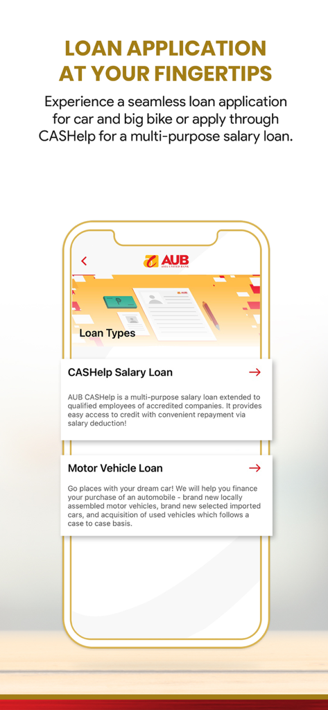 AUB mobile app screen showing options for CASHelp Salary Loan and Motor Vehicle Loan applications.