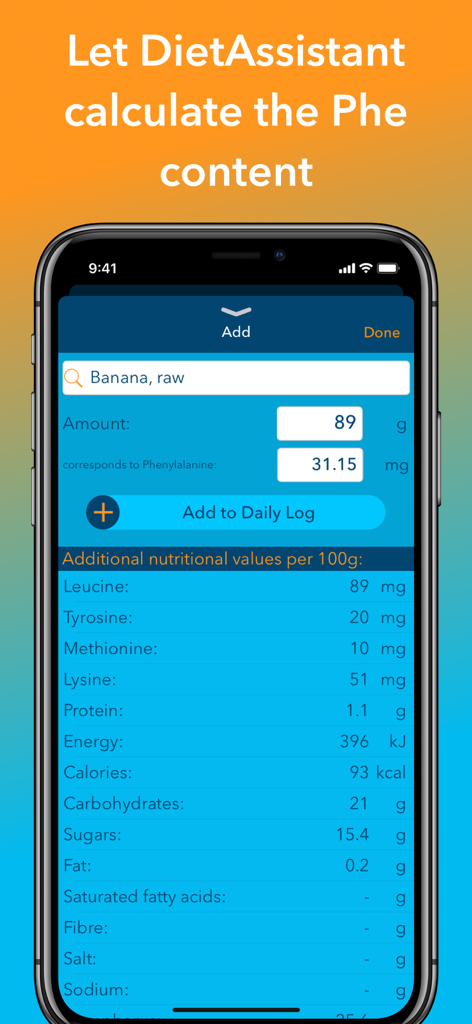 DietAssistant for PKU - Calculadora de contenido de fenilalanina en la aplicación DietAssistant para PKU.