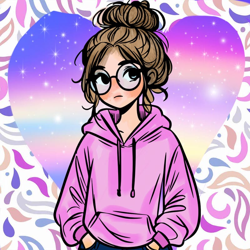 teen girl with a messy bun and glasses wearing a loose hoodie and jeans