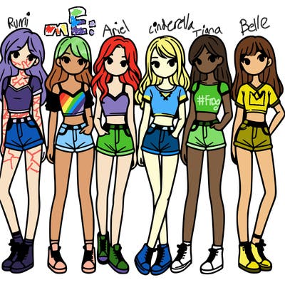 a group of girls wearing crop tops and shorts