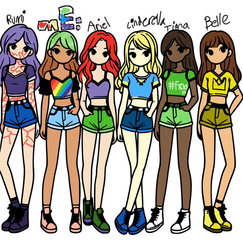 a group of girls wearing crop tops and shorts