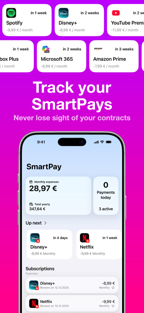 Financial - Manager & Tracker - Financial app dashboard showing the SmartPay feature for tracking monthly and yearly subscription costs