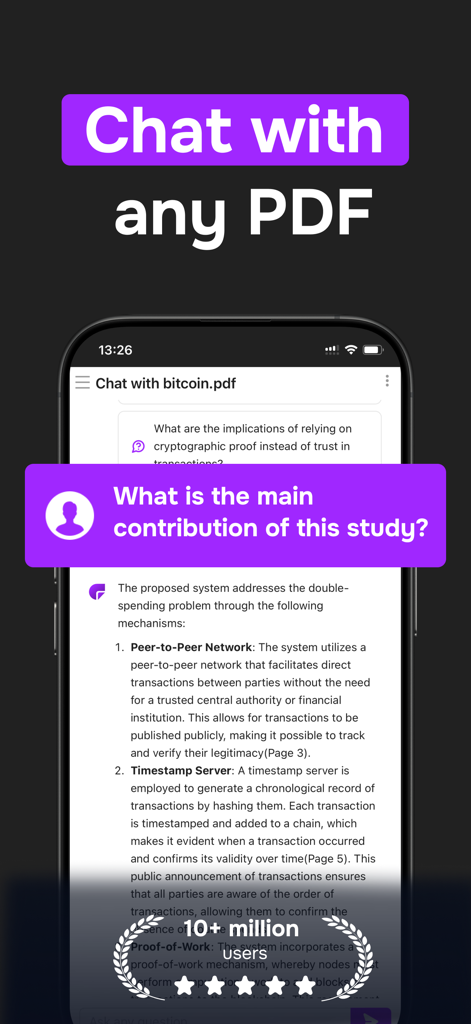 ChatPDF - Chat PDF AI - Ein Smartphone, das eine Chat-Oberfläche zeigt, in der ein Benutzer nach einer Zusammenfassung eines Bitcoin-PDF-Dokuments fragt und eine KI-generierte Antwort erhält