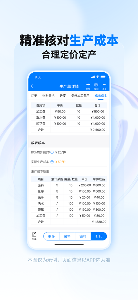 秦丝生产供应链管理 - Detailed production cost analysis screen in the Qinsilk ERP app showing material and processing expenses for garment manufacturing.