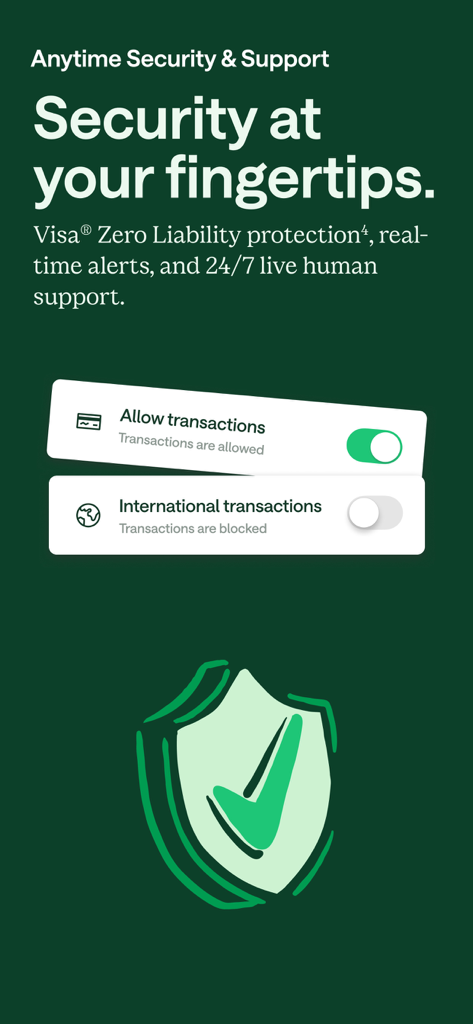 Security features in the Chime mobile banking app showing transaction toggles and a green shield icon.