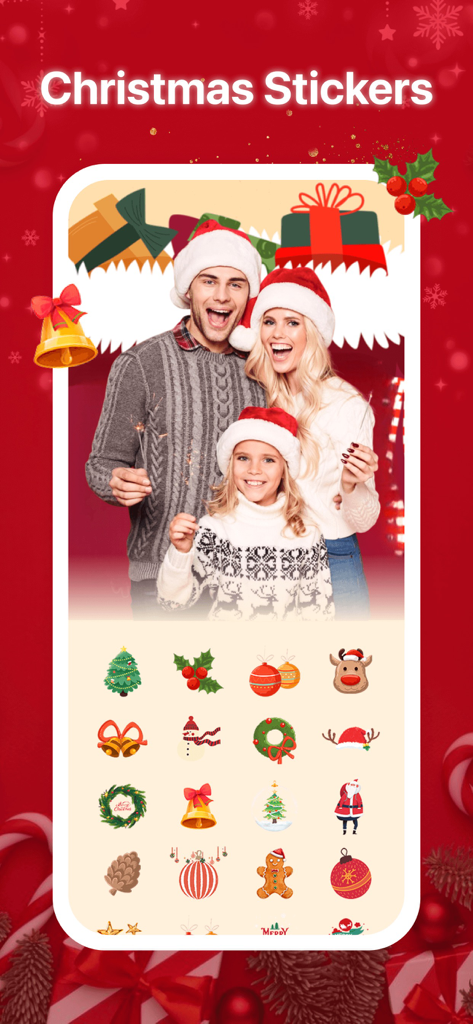 L'interface de l'application PhotoGrid présente des autocollants de Noël et une photo de famille joyeuse.