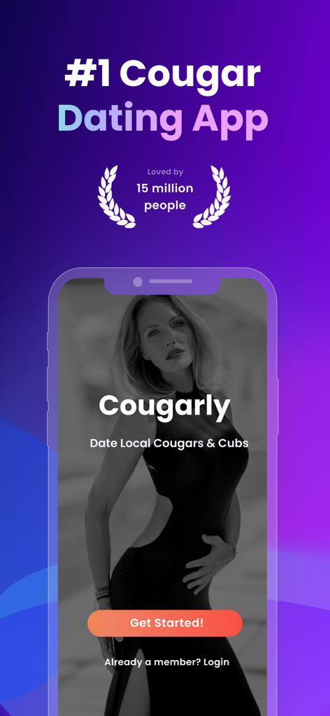 Cougar Dating: Age Gap Love - Einführungsbildschirm der Cougarly-App mit dem Text-Hashtag 1 Cougar Dating App und einem Foto einer reifen Frau