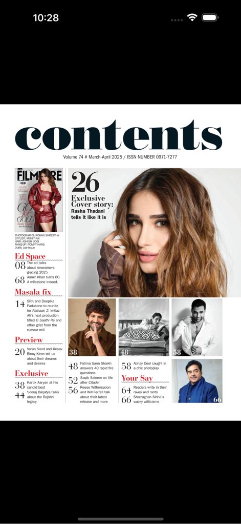 Filmfare Magazine - Digital table of contents for Filmfare Magazine featuring Bollywood celebrity Rasha Thadani and movie industry news.