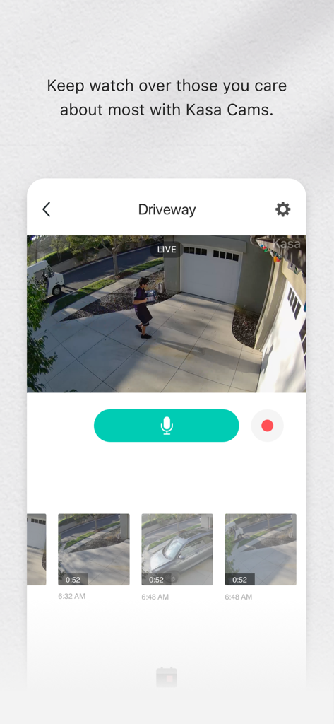 Live driveway security camera feed displayed on the Kasa Smart mobile app interface