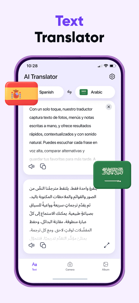 AI Translator: Voice & Photos - AI Translator app interface showing a text translation from Spanish to Arabic with flag icons