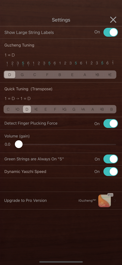Menu delle impostazioni dell'app iGuzheng che mostra la configurazione dell'accordatura e delle prestazioni