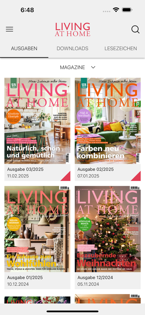 Une vue de bibliothèque dans l'application Living at Home montrant plusieurs couvertures de magazines digitaux sur des thèmes de design d'intérieur et de style de vie.