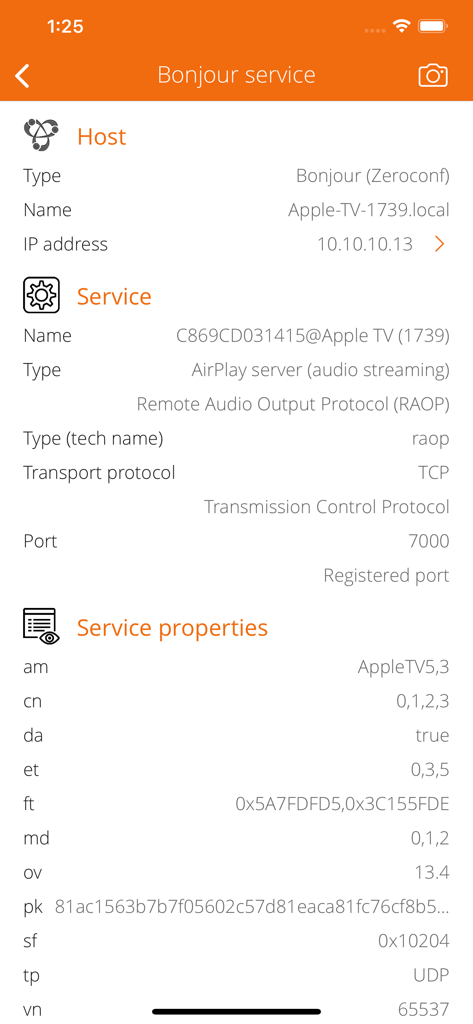 Una vista técnica de la aplicación Service Browser que muestra detalles del host de Apple TV y protocolos de servicio AirPlay, incluyendo la dirección IP y el puerto.