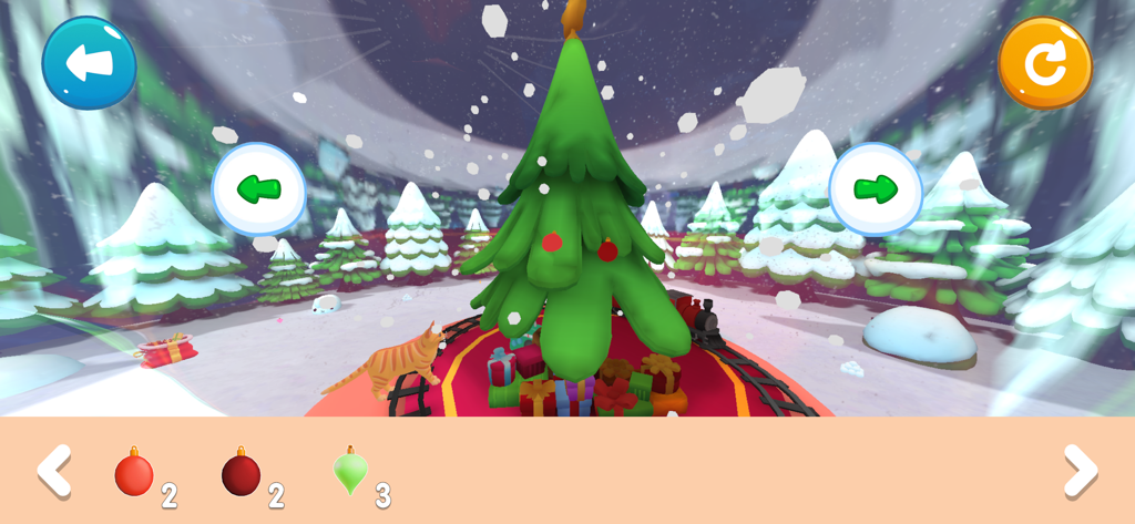 Un gato atigrado caminando cerca de un árbol de Navidad decorado en un entorno de simulador nevado