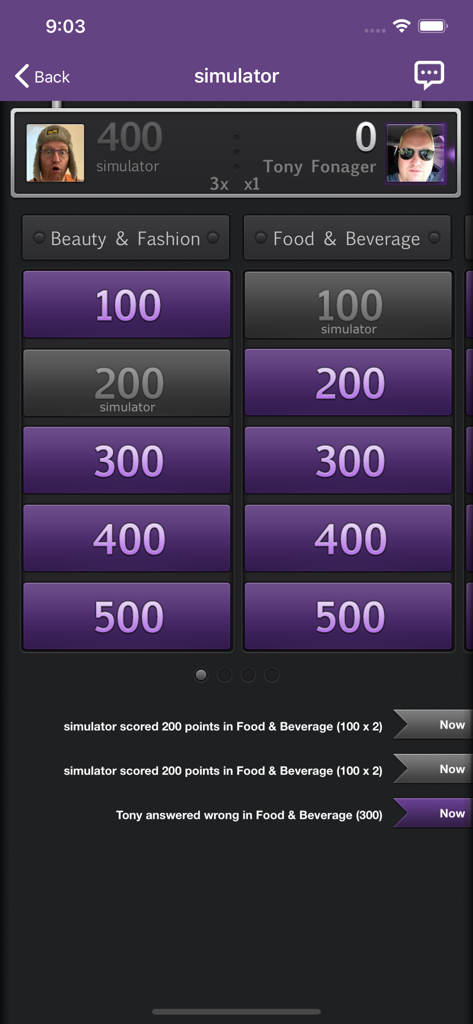 Quizmo - Quizmo mobile app screenshot showing a trivia game board with categories and player scores