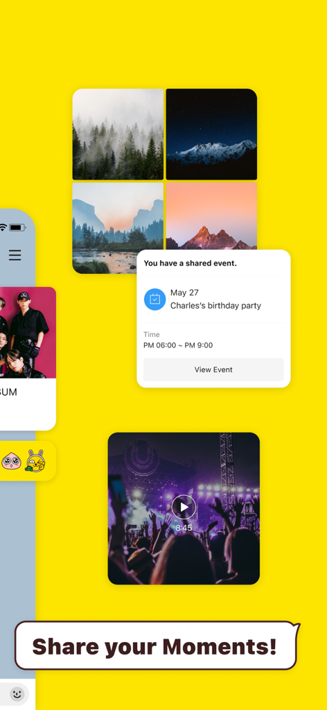 Interface de l'application KakaoTalk présentant des fonctionnalités de partage multimédia, notamment une grille de photos, une notification d'événement partagé pour une fête d'anniversaire et un clip vidéo sur fond jaune.