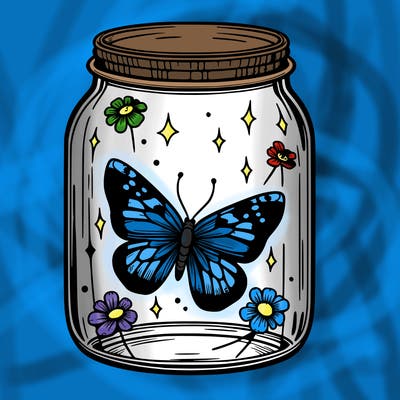 butterfly trapped in a glass jar, realistic