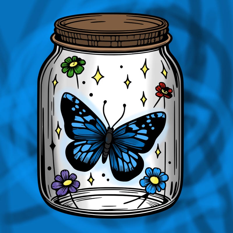 butterfly trapped in a glass jar, realistic