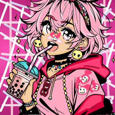 hot baddie anime girl drinking boba and biting the straw