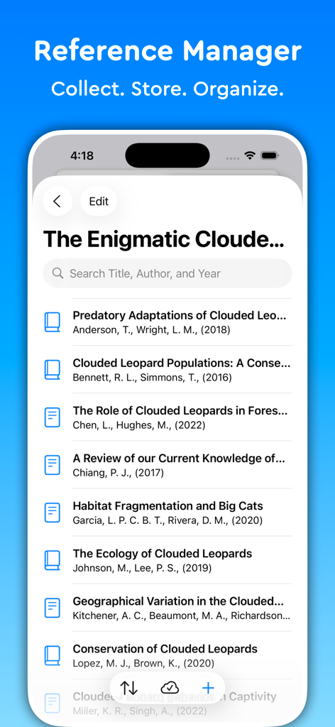 Essayist: Academic Writing App - Reference manager interface in the Essayist app showing a list of academic sources with a search bar