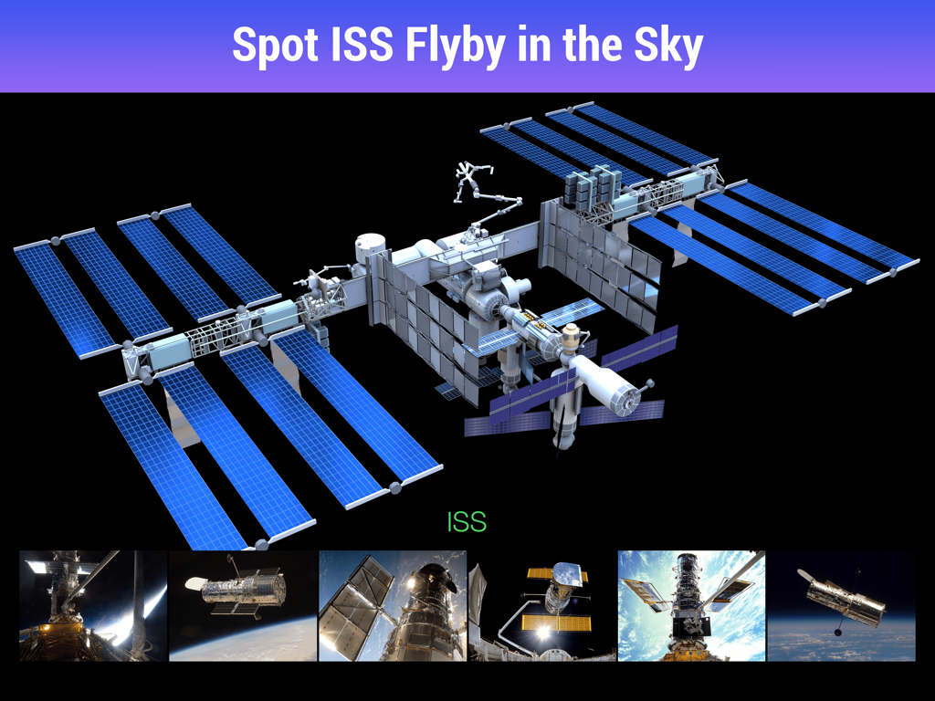 Star Walk HD - Night Sky View - Un modello 3D dettagliato della Stazione Spaziale Internazionale con testo che spiega come individuare il suo passaggio nel cielo