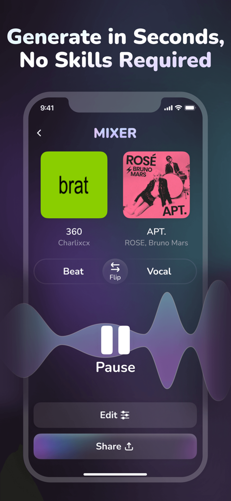 Mixer - Song Mashup Maker - Pantalla de smartphone que muestra la interfaz de la aplicación Mixer para crear un mashup de canciones con IA entre dos pistas populares.