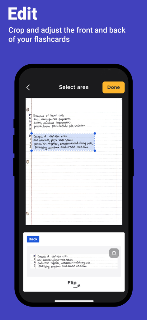 Spirax Study App - Interface showing how to crop scanned handwritten notes to create digital flashcards