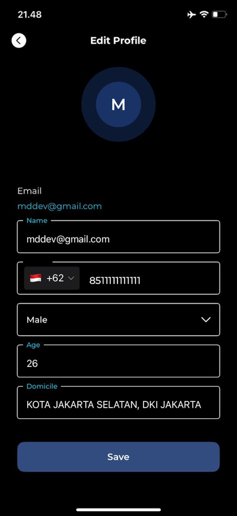 MD NOW - LiveTV - User profile edit screen on the MD NOW app showing personal information fields like name and location