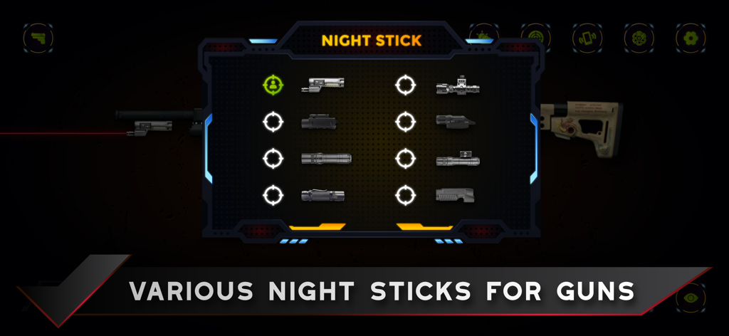 Real Gun Sounds Simulator. - Un menú de selección en la aplicación Simulador de Sonidos de Armas Reales que muestra varias cachiporras y accesorios de luz táctica para armas