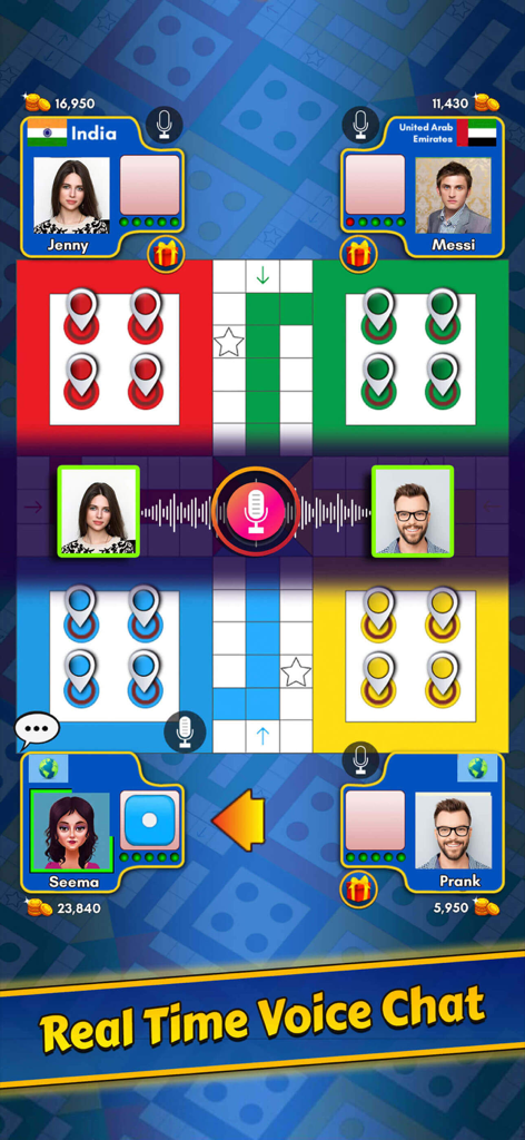 Ludo King game screen showing the real-time voice chat feature with multiple players from different countries