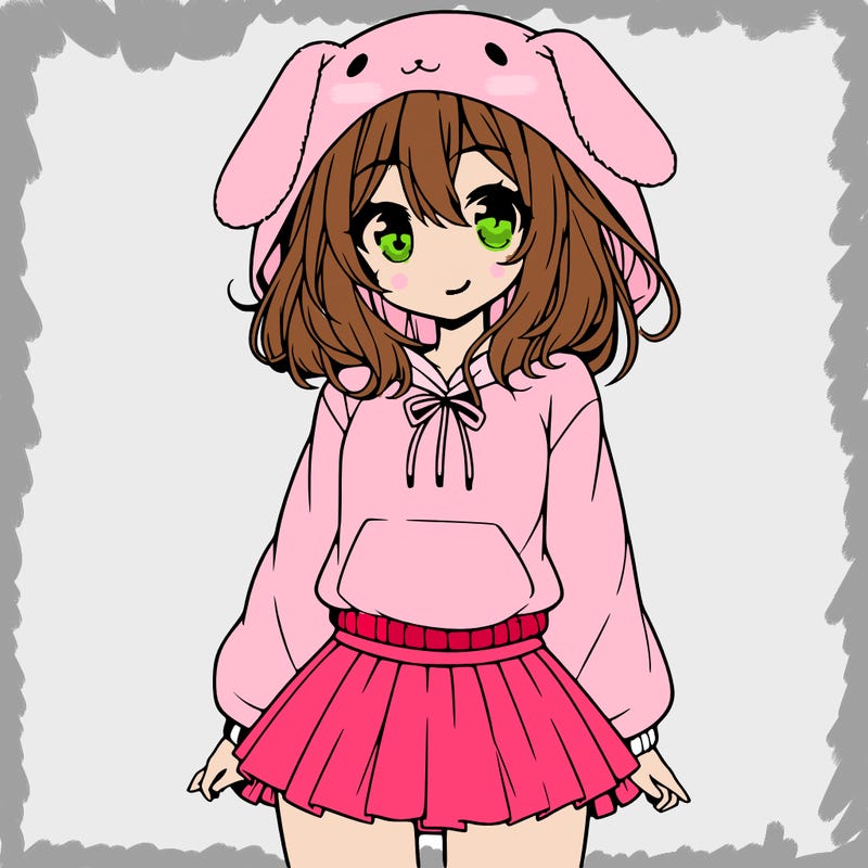 pretty anime girl wearing a fluffy hoodie with bunny ears on the hood and a skirt