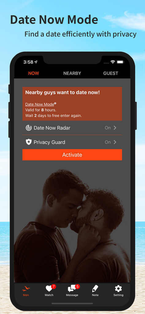 Gsland - Gay Chat, Dating, Now - Gsland app interface showing the Date Now Mode feature with privacy settings for gay dating.