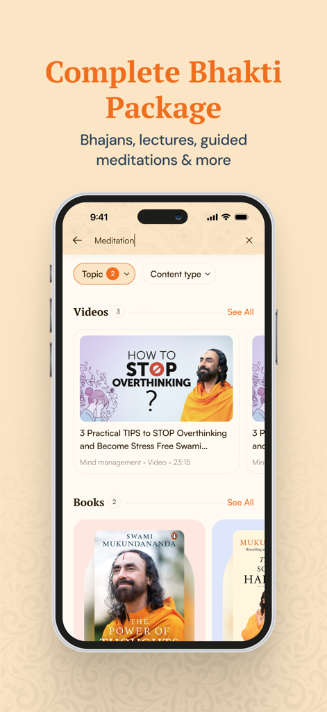 Bhagavad Gita - Krishna Bhakti - Mobile app interface featuring spiritual videos and books on meditation and mind management