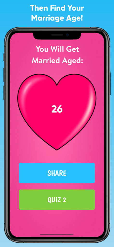 Pantalla de aplicación móvil que muestra el resultado de la predicción de la edad matrimonial de 26 años dentro de un gran corazón rosa con un botón para compartir