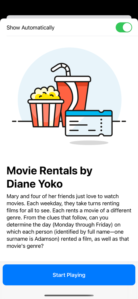 Pantalla de introducción de un puzzle de lógica titulado Alquiler de Películas con una ilustración de palomitas de maíz y un refresco.