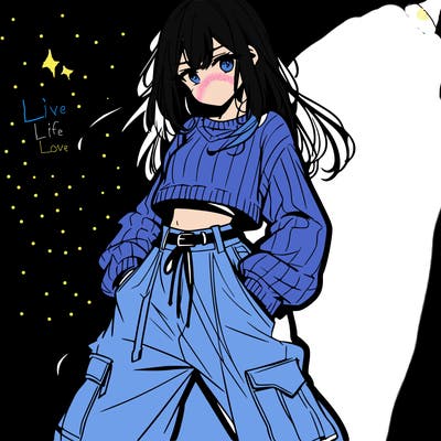 anime teen girl with baggy pants and crop top with sweater