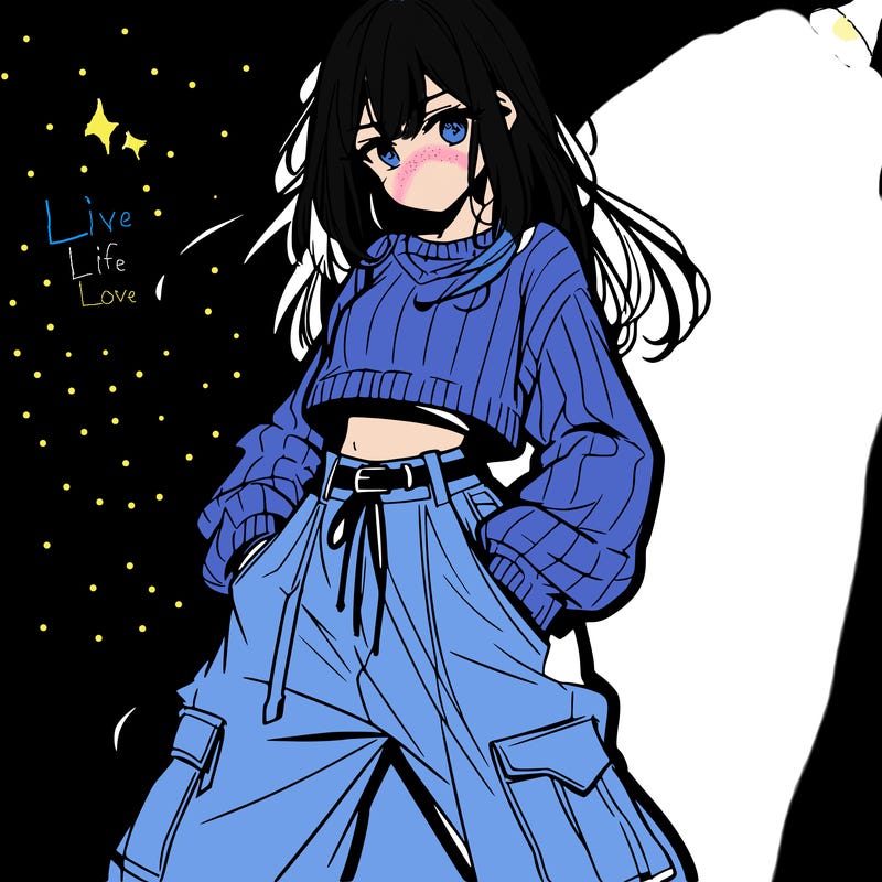 anime teen girl with baggy pants and crop top with sweater