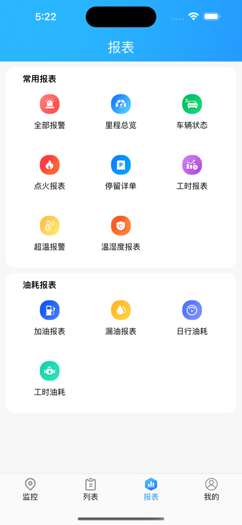 GPS51 mobile app reports screen showing vehicle mileage and fuel consumption monitoring.
