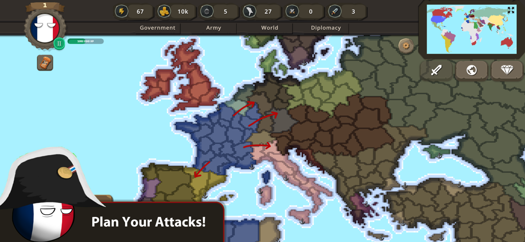 Countryballs at War - A French Countryball with a Napoleon hat planning military attacks on a European map.